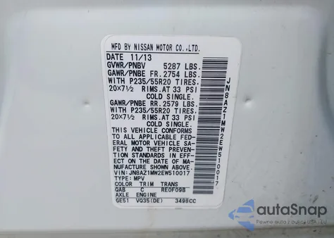 2014 Nissan Murano Le from USA, damaged, VIN JN8AZ1MW2EW510017